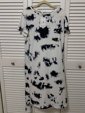Tie-Dye Short Sleeve Midi Dress - Navy & White